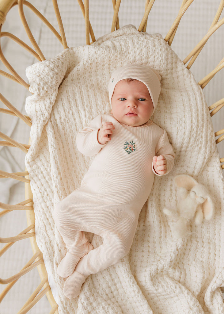 Ely's & Co Ribbed Floral Embroidered Collection Footie And Beanie - Ivory