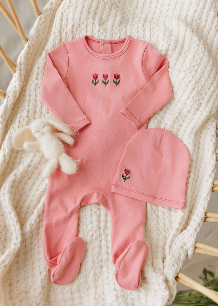 Aurora Cotton Cross Stitch Tulip Collection Footie And Beanie - Pink