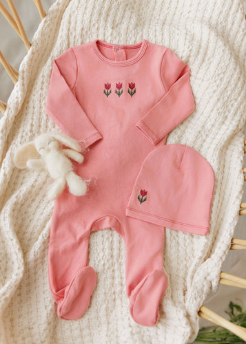 Aurora Cotton Cross Stitch Tulip Collection Footie And Beanie - Pink
