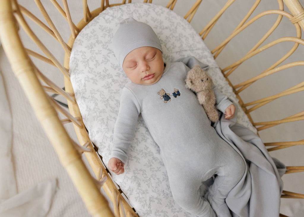 Aurora Embroidered Bear Collection Footie And Beanie - Blue