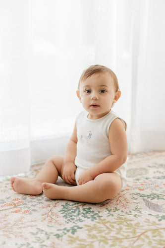 Ely's & Co Cotton Cross Stitch Duckling Collection Romper - Ivory/Blue