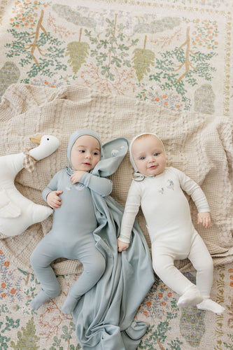 Ely's & Co Cotton Cross Stitch Duckling Collection Footie And Bonnet - Ivory/Blue