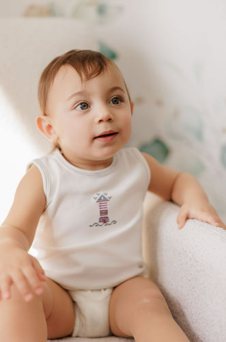 Aurora Cotton Cross Stitch Lighthouse Collection Romper - Ivory/Blue