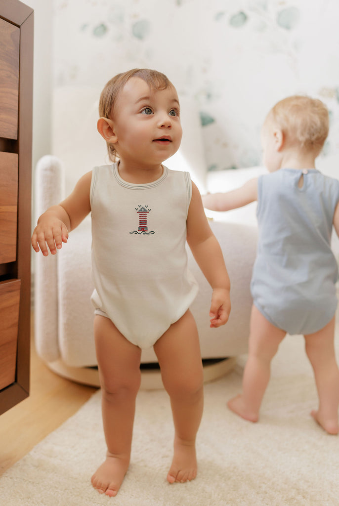 Aurora Cotton Cross Stitch Lighthouse Collection Romper - Ivory/Blue