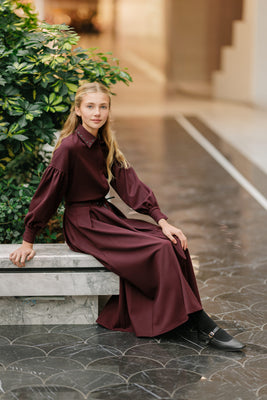 Velvette Label Ribbon Stitch Shirt & Skirt Set - Burgundy