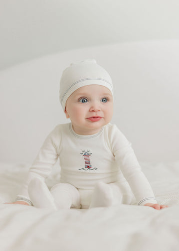 Aurora Cotton Cross Stitch Lighthouse Collection Footie And Beanie - Ivory/Blue