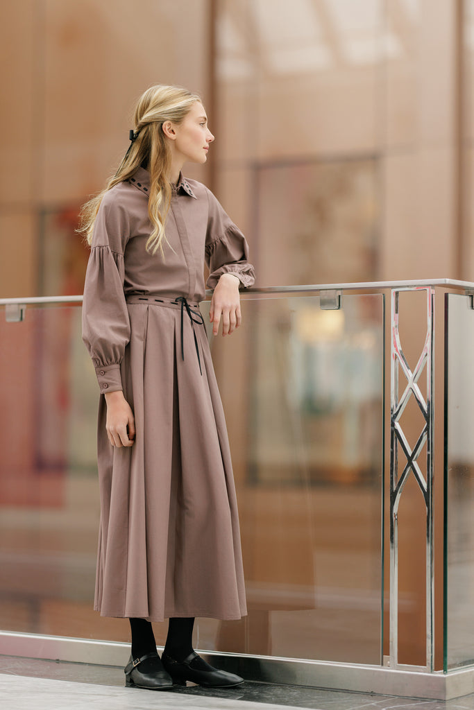 Velvette Label Ribbon Stitch Shirt & Skirt Set - Brown