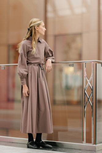 Velvette Label Ribbon Stitch Shirt & Skirt Set - Brown