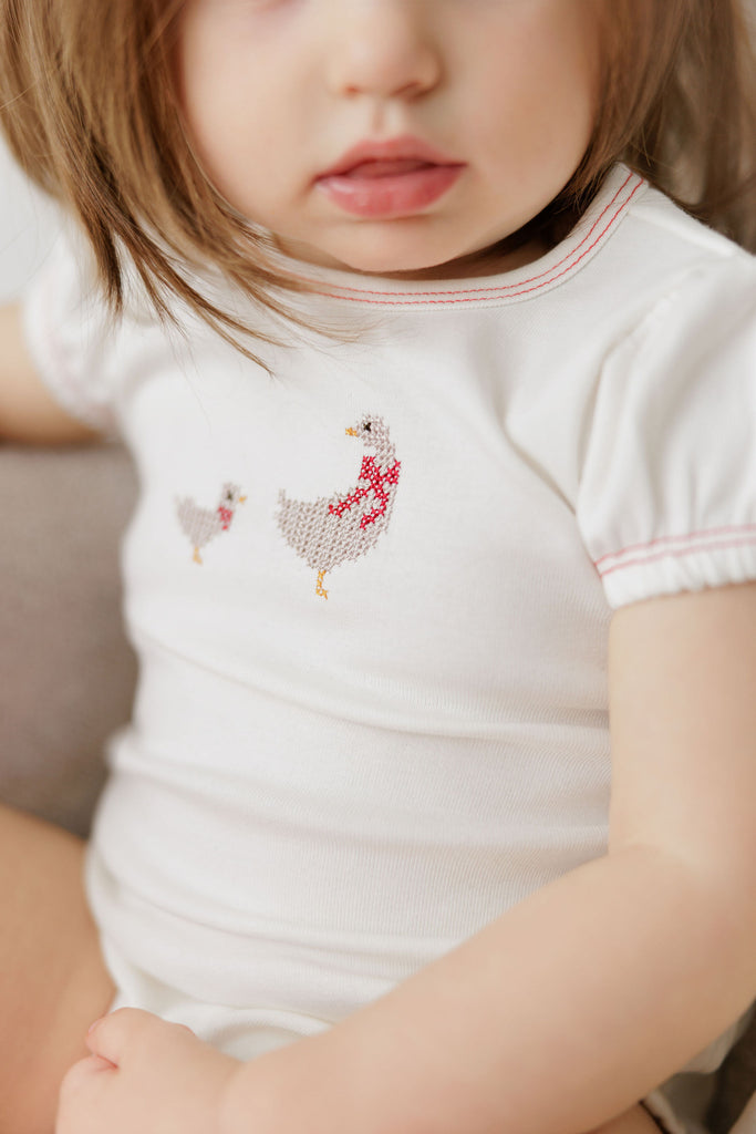 Ely's & Co Cotton Cross Stitch Duckling Collection Romper - Ivory/Pink