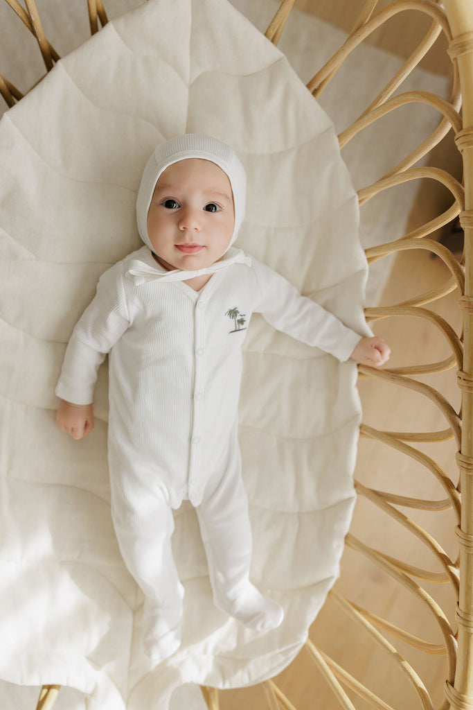 Ely's & Co Ribbed Palm Embroidered Collection Footie And Bonnet - Ivory