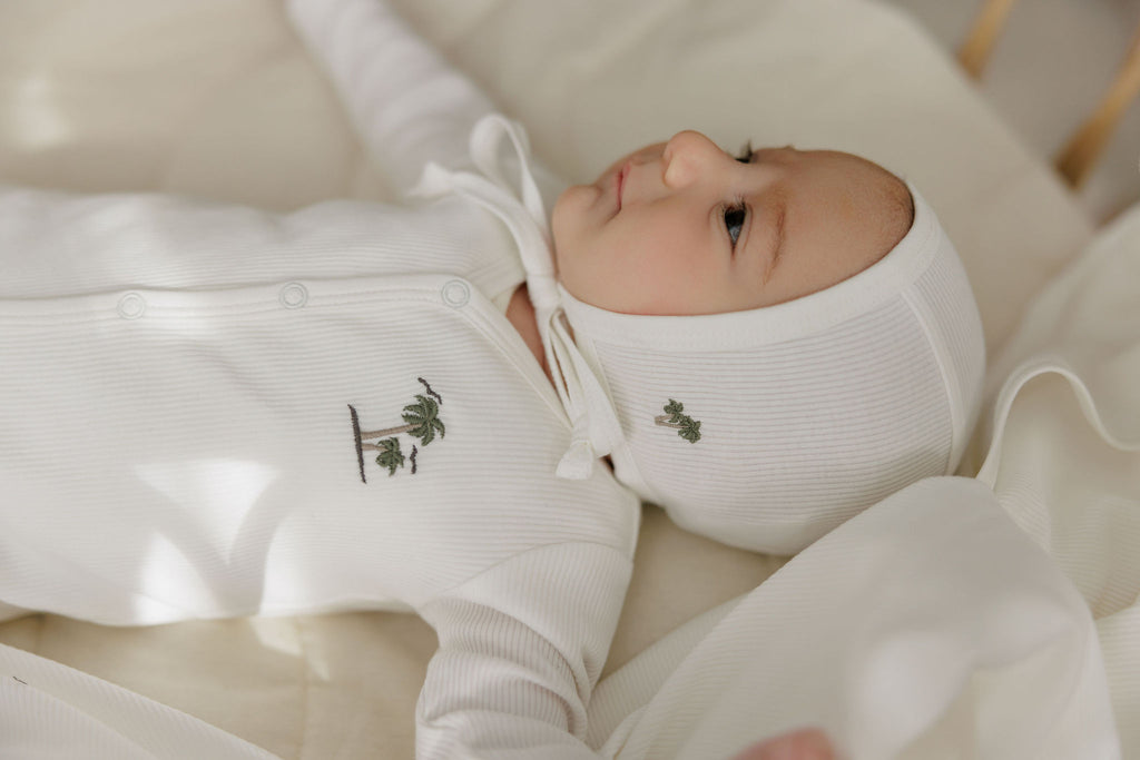 Ely's & Co Ribbed Palm Embroidered Collection Footie And Bonnet - Ivory