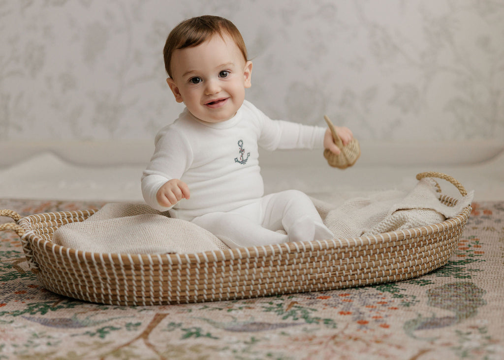 Aurora Cross Stitch Collection Boys Footie And Beanie - Ivory