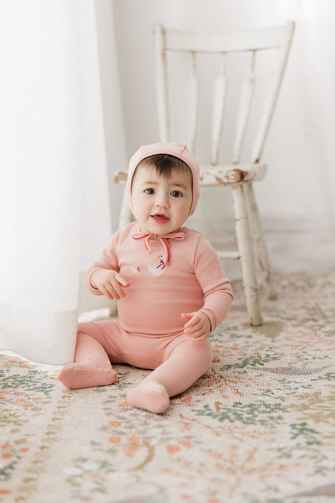 Ely's & Co Cotton Cross Stitch Duckling Collection Footie And Bonnet - Pink