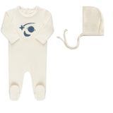 Ely's & Co  Velour Celestial Collection Footie & Bonnet- Ivory with Navy