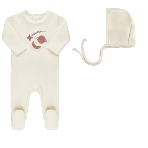 Ely's & Co  Velour Celestial Collection Footie & Bonnet- Ivory with Pink
