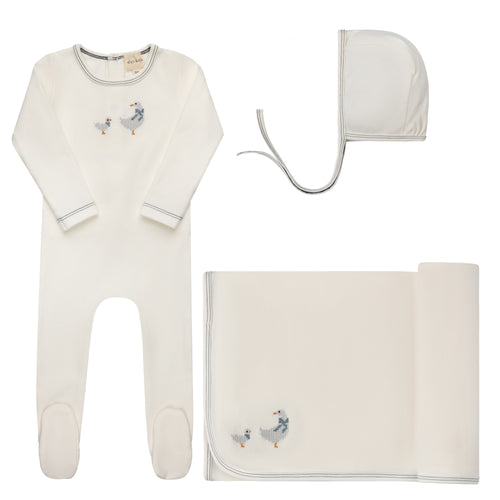 Ely's & Co Cotton Cross Stitch Duckling Collection Layette Set - Ivory/Blue