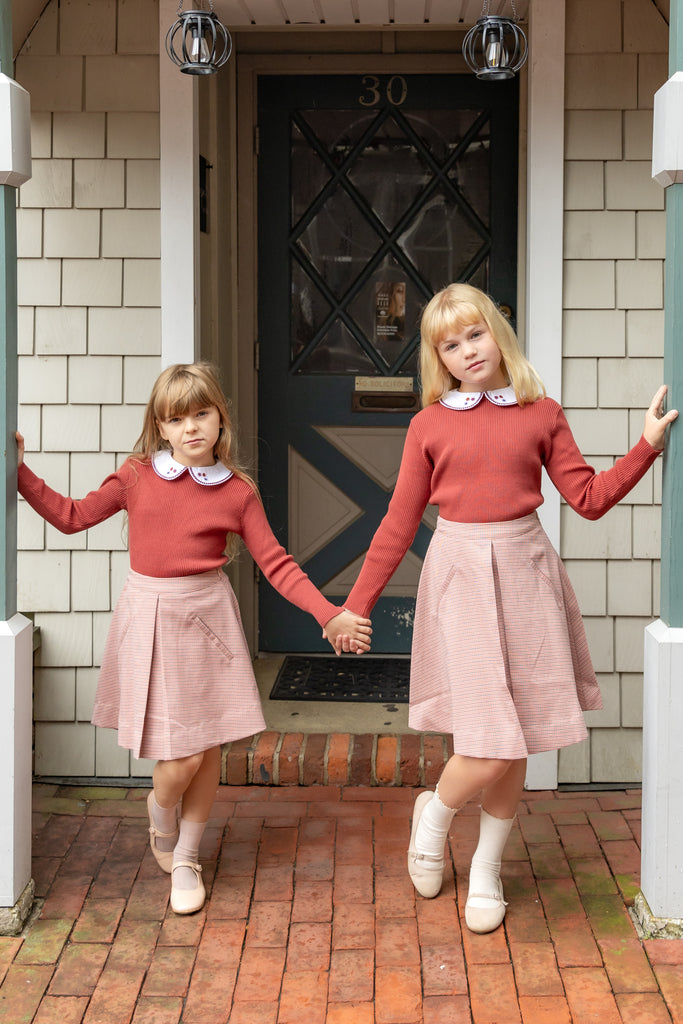 NouNelle Rust Collar Sweater And Houndstooth Pink Skirt