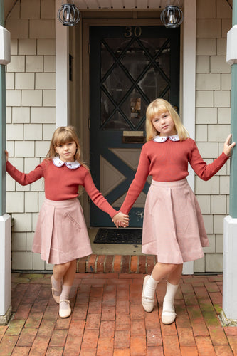 NouNelle Rust Collar Sweater And Houndstooth Pink Skirt