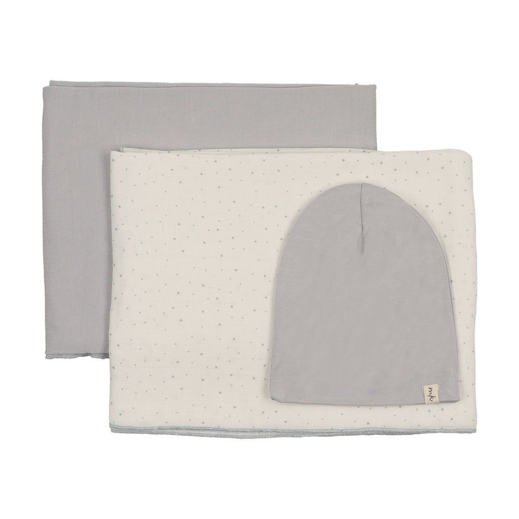 Mema Knits Bamboo Swaddles And Beanie Set - Grey Dawn Star Print