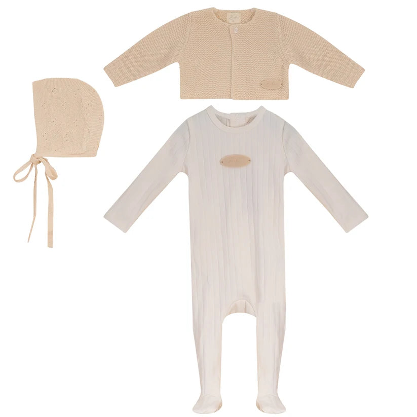 Bubani Sweater, Hat, And Footie Set - Beige