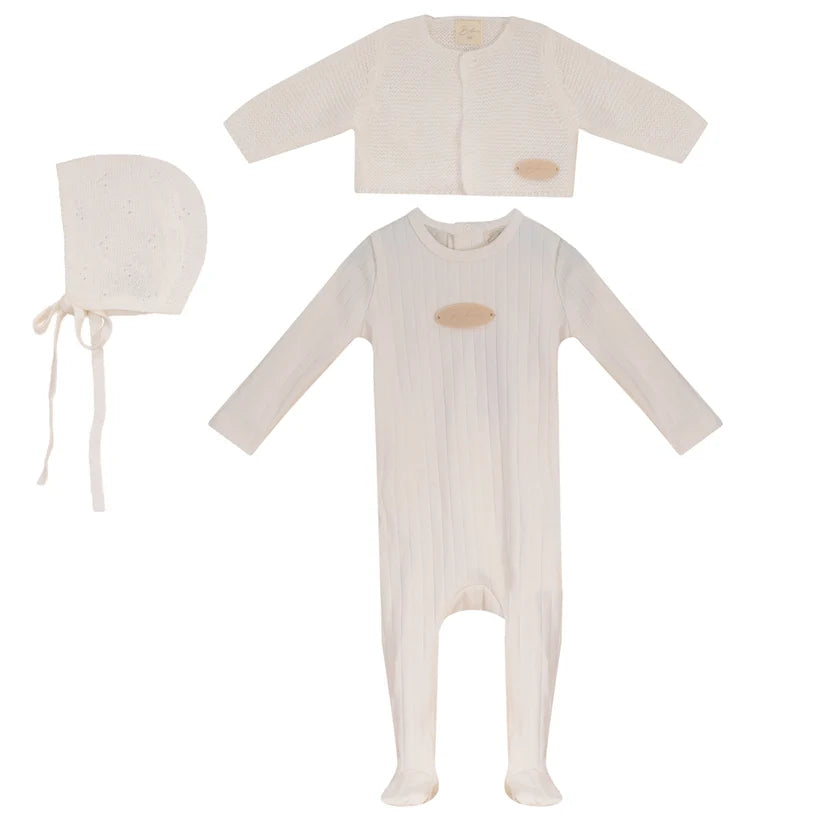 Bubani Sweater, Hat, And Footie Set - White