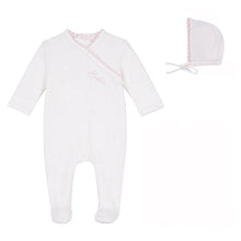 Load image into Gallery viewer, Bubani Girls Lace Wrap Collection Velour Footie And Bonnet