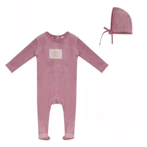 Bubani Velour Cherry Collection Footie And Bonnet - Peach Pink