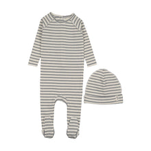 Load image into Gallery viewer, Mema Knits Rib Stripe Footie And Beanie - Navy Blue Stripes