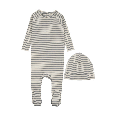 Mema Knits Rib Stripe Footie And Beanie - Navy Blue Stripes