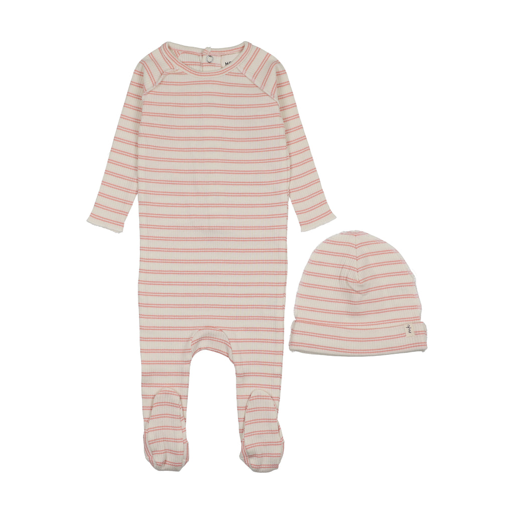 Mema Knits Rib Stripe Footie And Beanie - Rose Pink Stripes