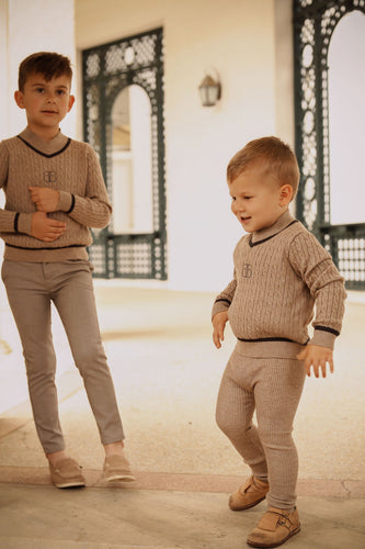 Bamboo Cable Knit Stripe Trim Sweater - Beige