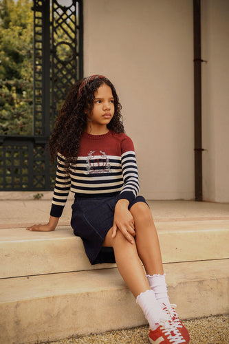 Bamboo Ribbed Knit Stripe Crest Sweater - Navy/White