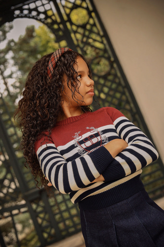 Bamboo Ribbed Knit Stripe Crest Sweater - Navy/White
