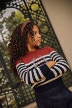 Load image into Gallery viewer, Bamboo Ribbed Knit Stripe Crest Sweater - Navy/White