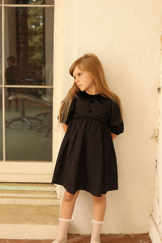 Bamboo Taffeta Velvet Collar Puff Sleeve Dress - Black