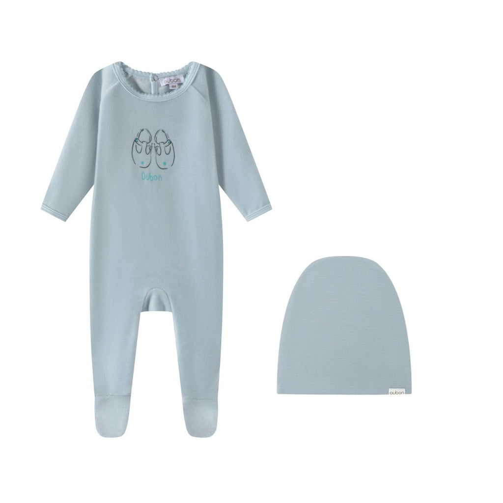 Oubon Blue Velour Shoes Print Footie And Hat