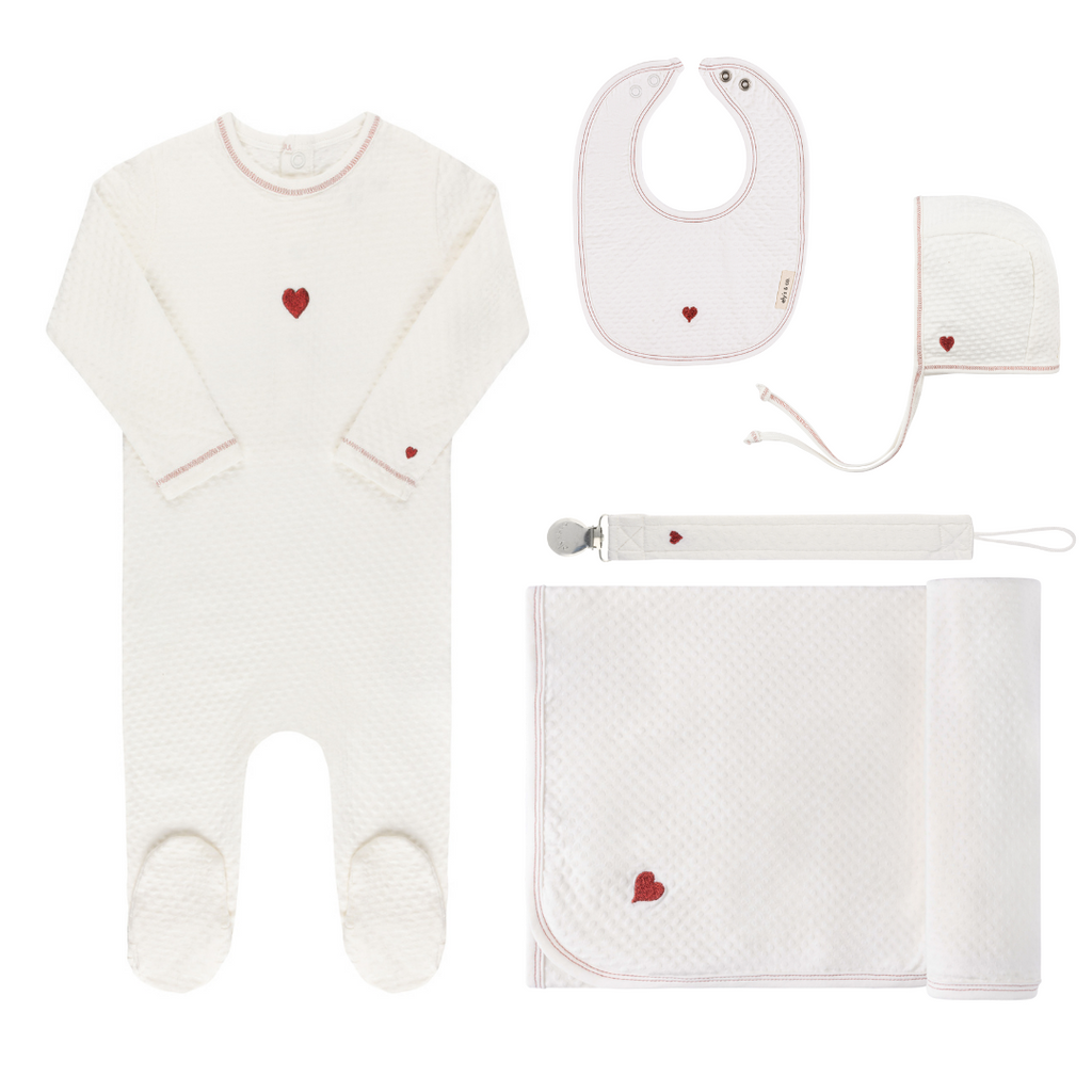 Ely's & Co Cotton- Embroidered Heart and Star 5PC Layette Set - Heart/Ivory
