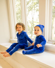 Load image into Gallery viewer, Little Label Velour Embroidered Footie &amp; Hat Set - Boys - Blue
