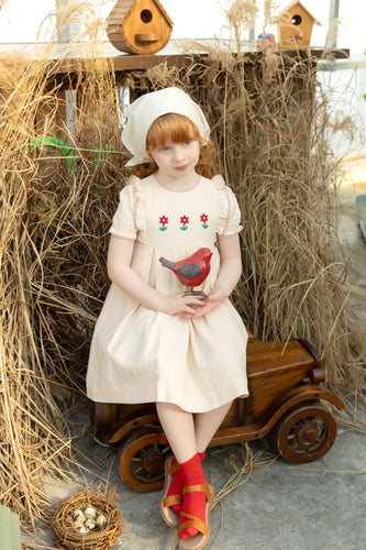 Nou Nelle Pleated Peach Embroidered Dress (Short Sleeve)