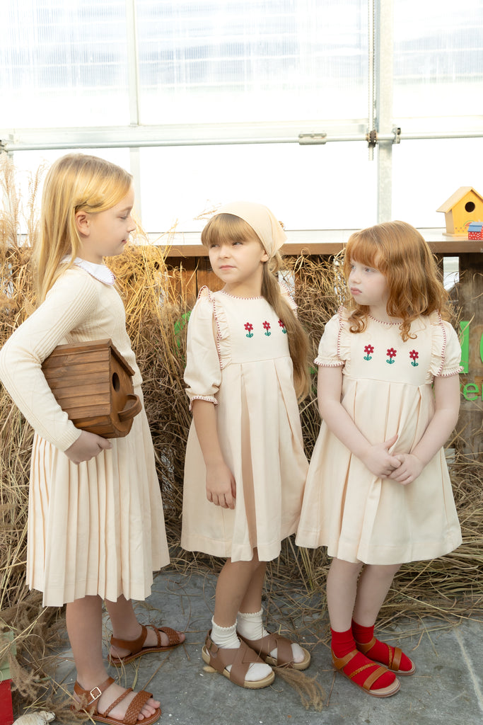 Nou Nelle Pleated Peach Embroidered Dress (3/4 Sleeve)