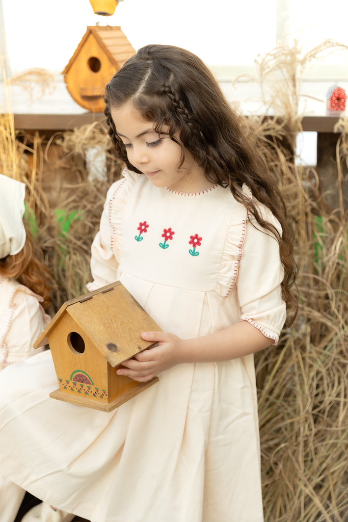 Nou Nelle Pleated Peach Embroidered Dress (3/4 Sleeve)