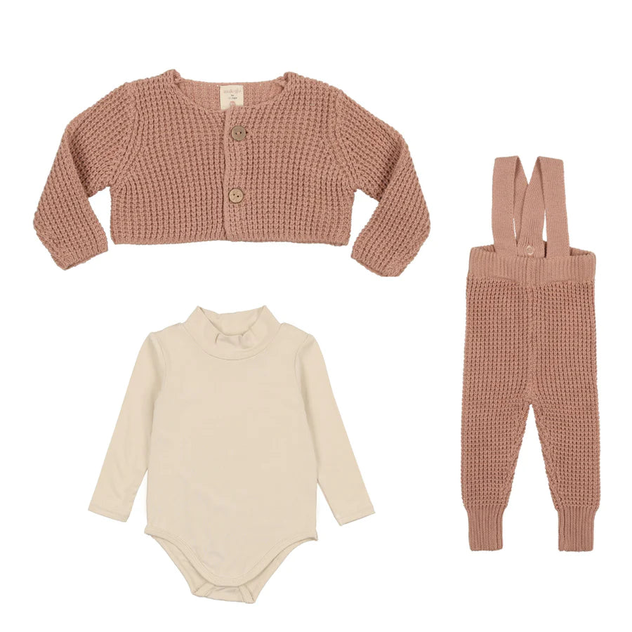 Analogie Waffle Knit Shrug With Knit Long Overalls And Onesie - Dusty Pink