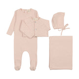 Mema Pointelle Footie Slub Cardigan 4PC Set - Peach Dust