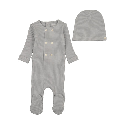 Bee & Dee 6 Button Waffle Wrap Footie And Hat - Dusty Blue