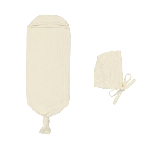 Peluche Ribbed Knit Cocoon & Bonnet - Cream