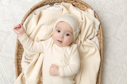 Bee & Dee 6 Button Waffle Wrap Footie And Hat - Ivory Boys