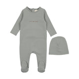 Mema Knits Little & Loved Footie + Bonnet - Powder Blue/Mink