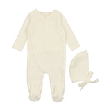 Mema Knits Pico Edge Velour Footie + Bonnet - Cream