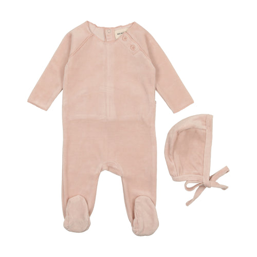 Mema Knits Velour Button Footie + Bonnet - Old Rose