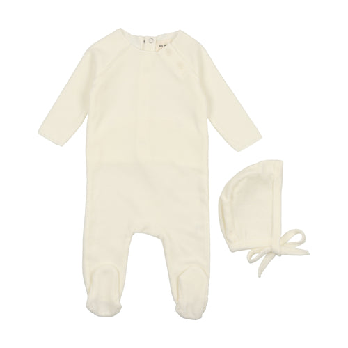 Mema Knits Velour Button Footie + Bonnet - Cream